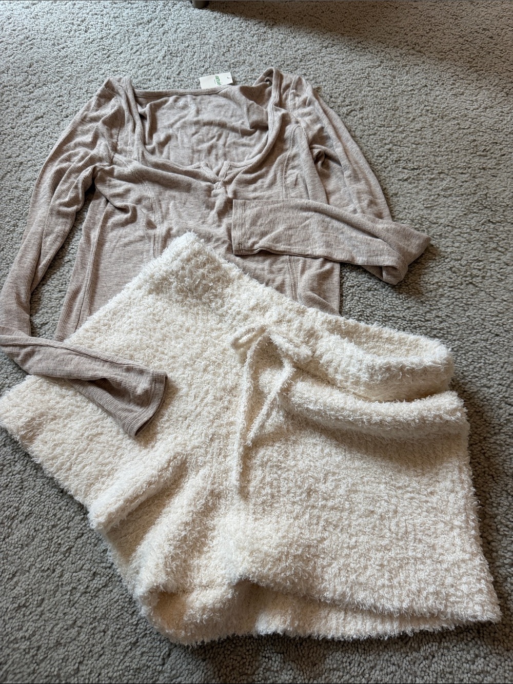 aerie Plush Cream Fuzzy Shorts (S) with Taupe Ribbed Long-Sleeve Top (XS)